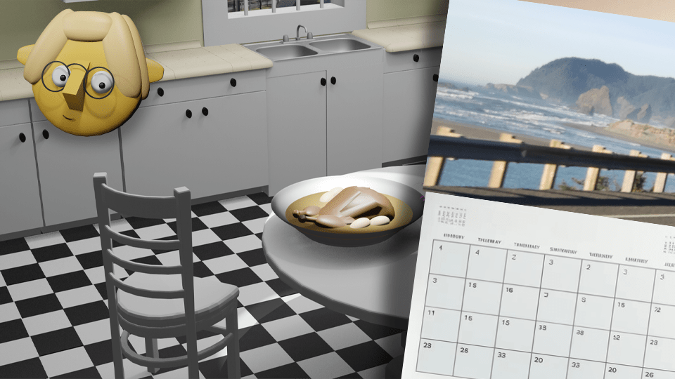 3D render of a chicken dinner on the table with Tumby and a calendar by John D Reinhart