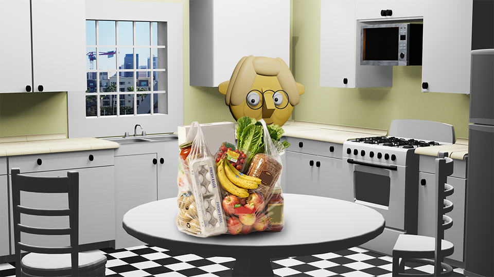 A 3d render of a bag of generic groceries on the TumbleBump kitchen table as Tumby looks on by John D Reinhart