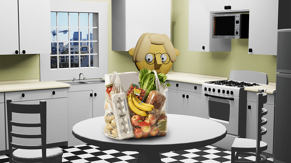 A 3d render of a bag of generic groceries on the TumbleBump kitchen table as Tumby looks on by John D Reinhart