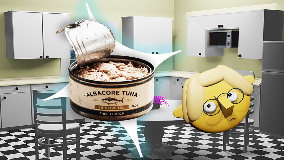 A 3D render of an open can of tuna superimposed over a star in the TumbleBump kitchen while Tumby looks on dubiously, by John D Reinhart