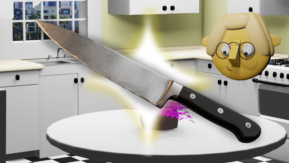 A 3D render of a kitchen knife superimposed over a retro star in the TumbleBump kitchen while Tumby looks on, by John D Reinhart