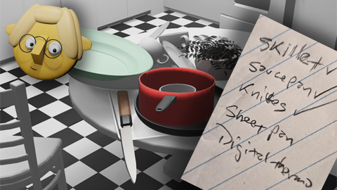A 3D render of a stack of dishes and pans, a cookware shopping list, and Tumby by John D Reinhart