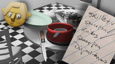 A 3D render of a stack of dishes and pans, a cookware shopping list, and Tumby by John D Reinhart