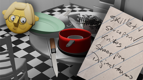 A 3D render of a stack of dishes and pans, a cookware shopping list, and Tumby by John D Reinhart