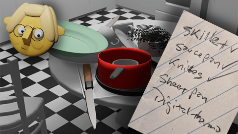 A 3D render of a stack of dishes and pans, a cookware shopping list, and Tumby by John D Reinhart