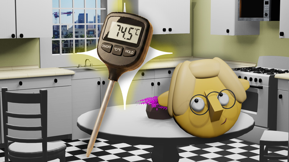 A 3D render of a digital kitchen thermometer superimposed over a retro star in the TumbleBump kitche while Tumby looks on, by John D Reinhart