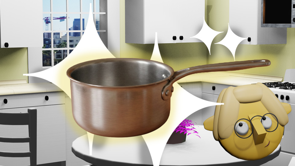 A 3D render of a saucepan superimposed over some retro stars in the TumbleBump kitchen as Tumby looks on, by John D Reinhart