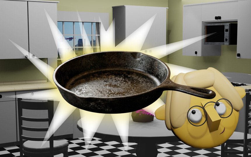 A 3d Render of a cast-iron skillet hovering above a white flash in the TumbleBump kitchen while Tumby looks on, by John D Reinhart
