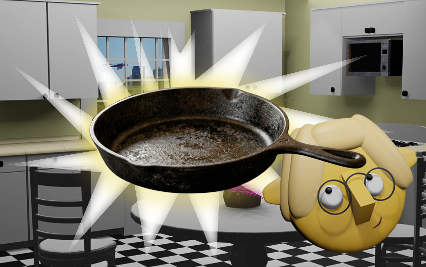 A 3d Render of a cast-iron skillet hovering above a white flash in the TumbleBump kitchen while Tumby looks on, by John D Reinhart