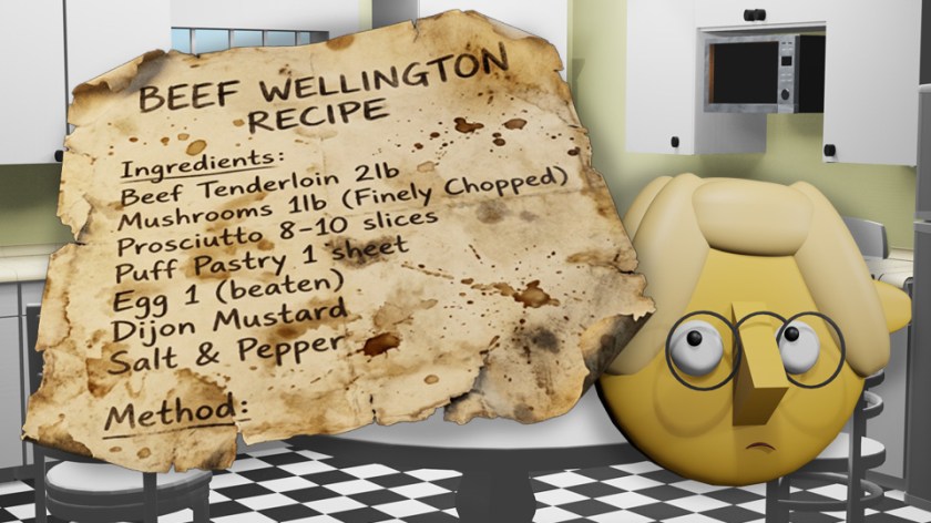 A 3D render of a tattered Beef Weelington recip in the TumbleBump kitchen while Tumby looks on with concern, by John D Reinhart