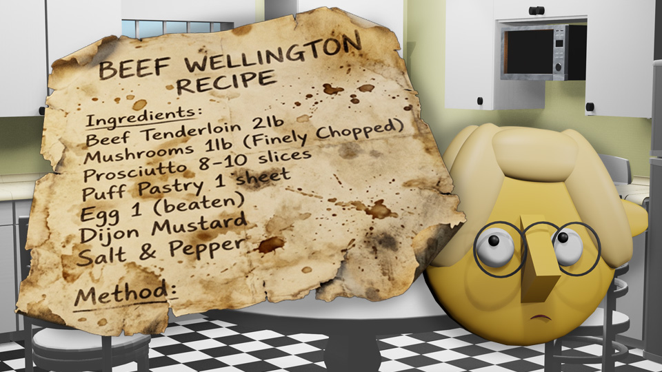 A 3D render of a tattered Beef Weelington recip in the TumbleBump kitchen while Tumby looks on with concern, by John D Reinhart