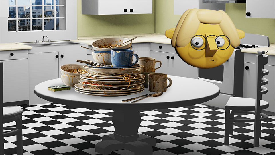 A 3D render of a pile of dirty dishes in the TumbleBump kitchen as Tumby looks on in dismay, by John D Reinhart