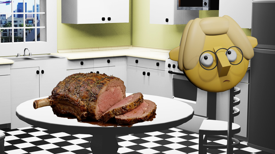 A 3D render of a roast on the table in the TumbleBump kitchen while Tumby looks on, by John D Reinhart