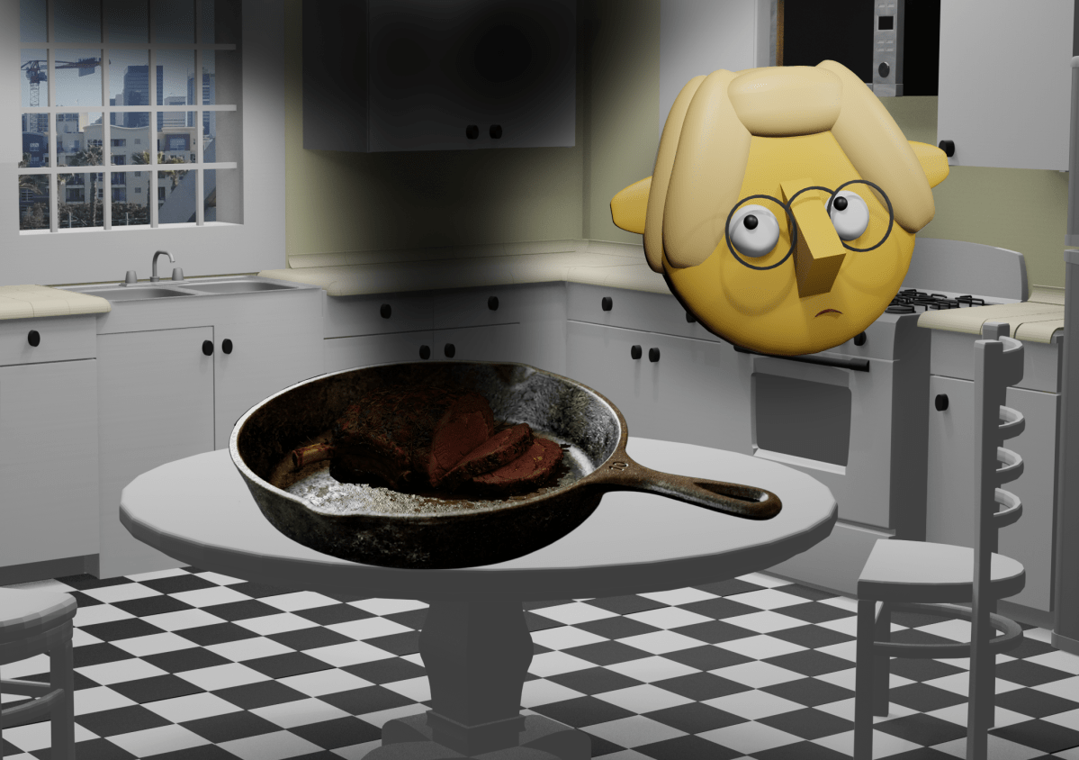 A 3d render of a burnt roast in a skillet in the TumbleBump kitchen while Tumby looks on in dismay, by John D Reinhart