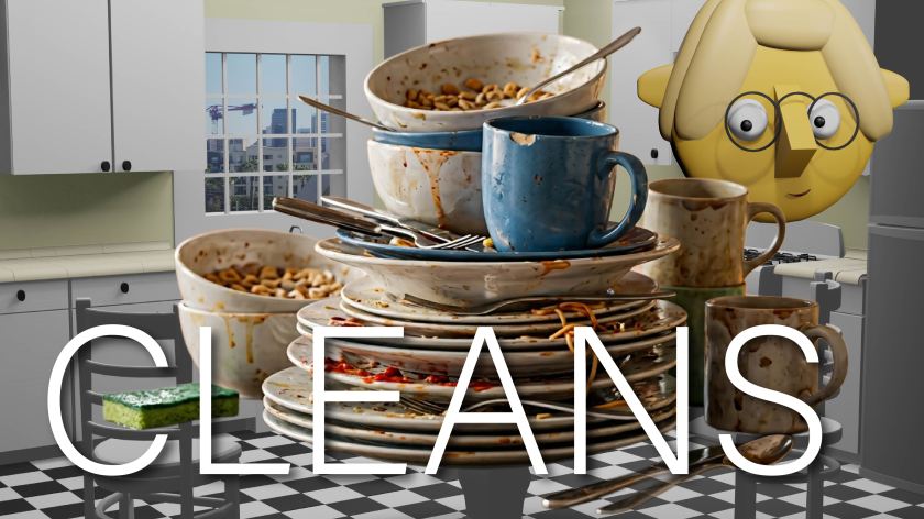 A stack of dirty dishes and the word CLEANS superimposed over the TumbleBump kitchen