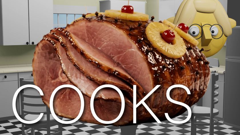 The word "COOKS" superimposed over a baked ham in the TumbleBump kitchen