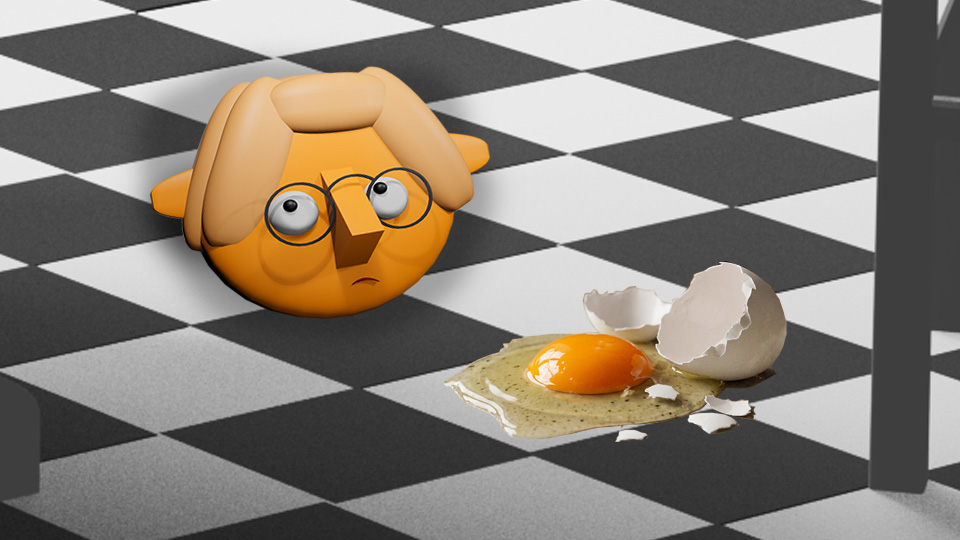 A 3D render of an egg dropped in the TumbleBump kitchen while Tumby looks on, by John D Reinhart