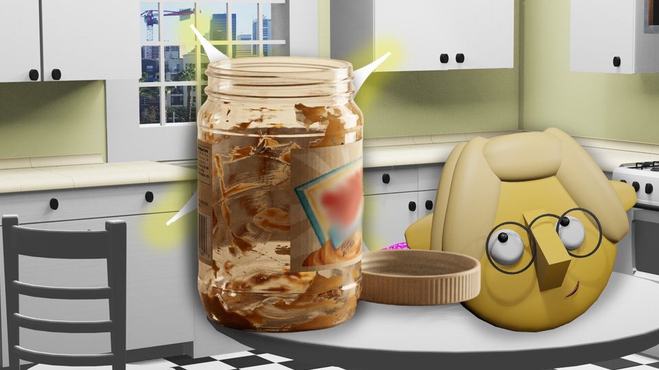 A 3D render of an empty peanut butter jar superimposed over a star in the TumbleBump kitchen while Tumby looks on, by John D Reinhart