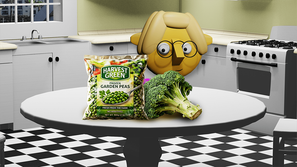 A 3D rendered collage of frozen peas and fresh broccoli on the TumbleBump kitchen table, with Tumby looking on, by John D Reinhart