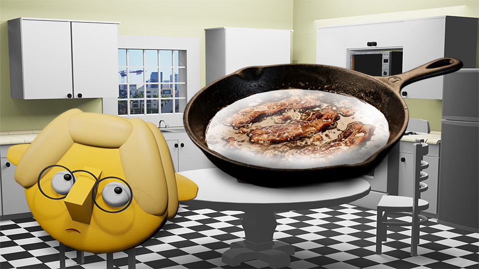 A 3D render of a greasy cast iron skillet in the TumbleBump kitchen while Tumby looks on, by John D Reinhart