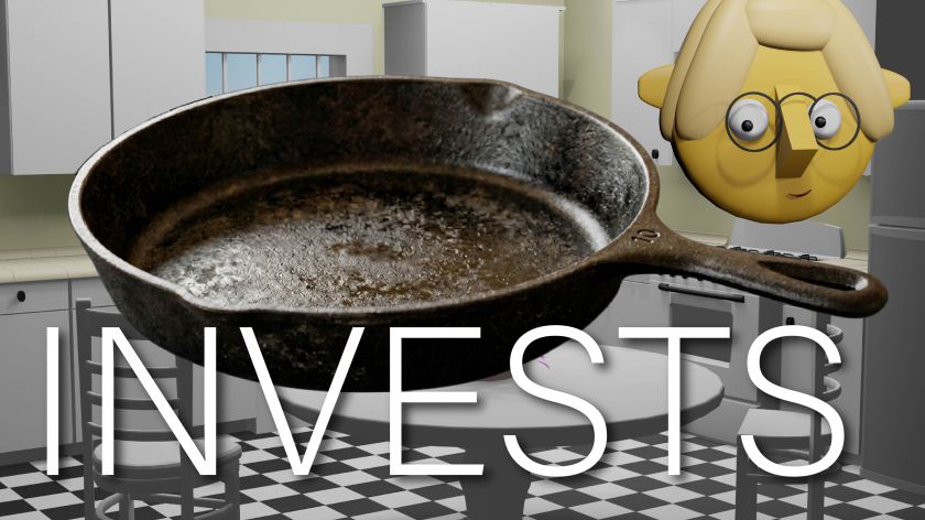 A cast iron skillet and the word INVESTS superimposed over the TumbleBump kitchen