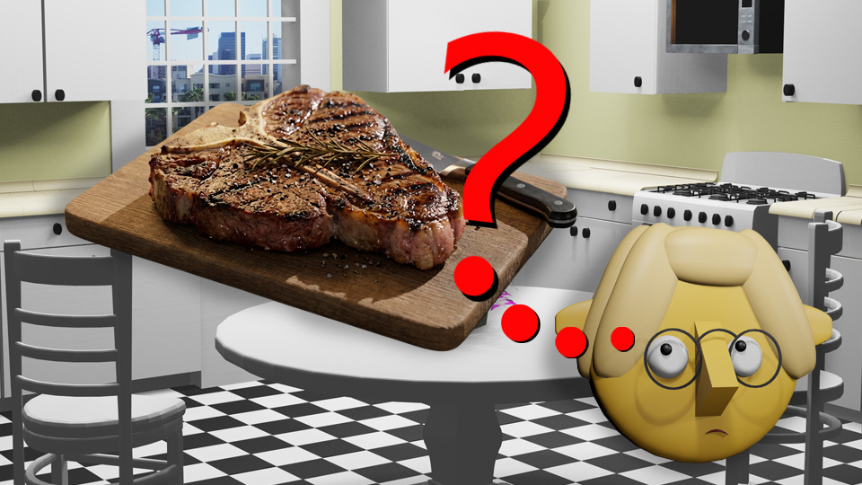 A 3D render of a steak surrounded by question marks in the TumbleBump kitchen while Tumby looks on with concern, by John D Reinhart