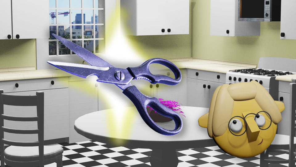 A 3D render of kitchen shears superimposed over a star in the TumbleBump kitchen while Tumby looks on, by John D Reinhart