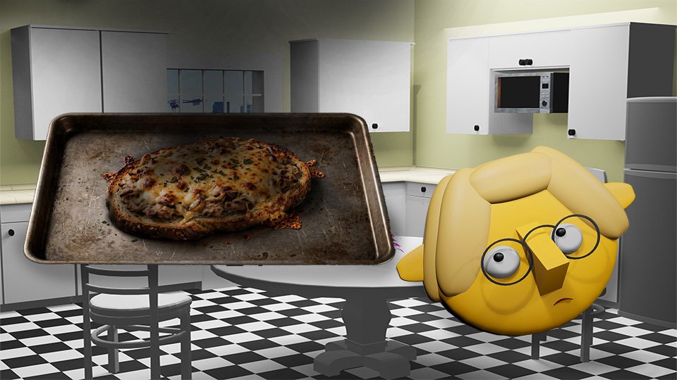 A 3D render of a burned tuna melt in the TumbleBump kitchen while Tumby looks on, by John D Reinhart