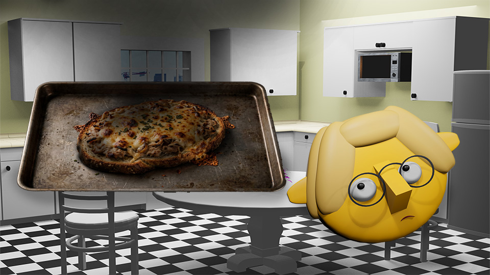 A 3D render of a burned tuna melt in the TumbleBump kitchen while Tumby looks on, by John D Reinhart
