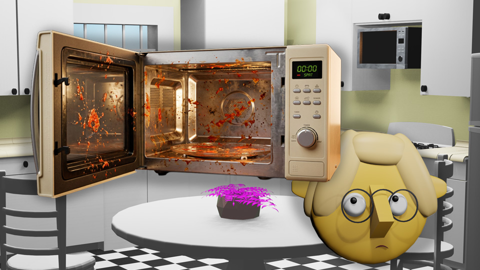 A 3D render of a filthy microwave oven in the TumbleBump kitchen while Tumby looks on in dismay, by John D Reinhart