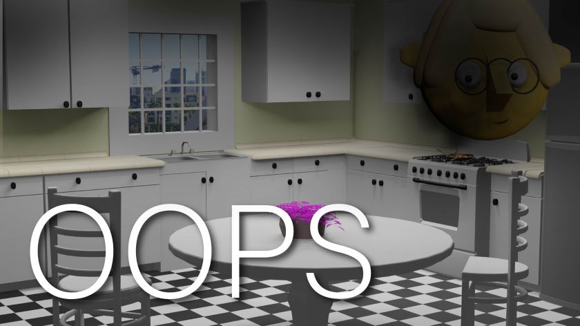 The word OOPS and a black smoke cloud superimposed over the TumbleBump kitchen