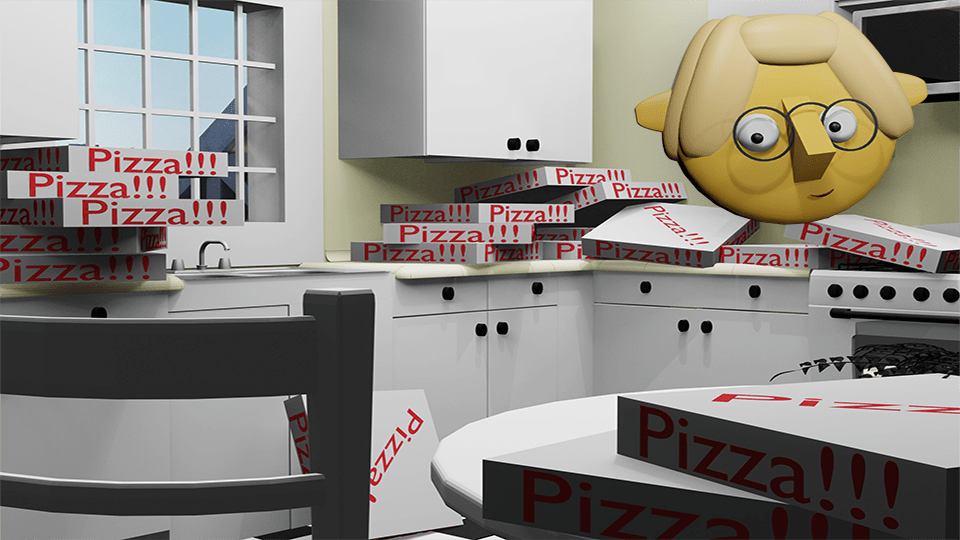 a Blender 3D render of the TumbleBump kitchen littered with pizza boxes by John D Reinhart