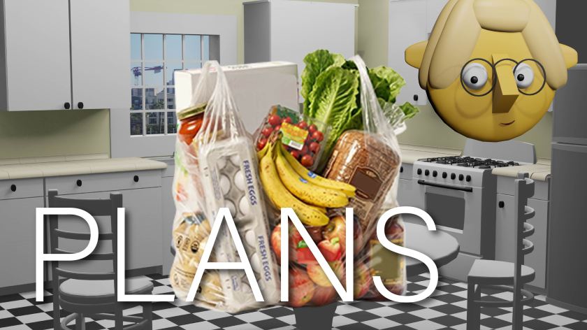A full bag of groceries and the word "PLANS" superimposed over the TumbleBump kitchen