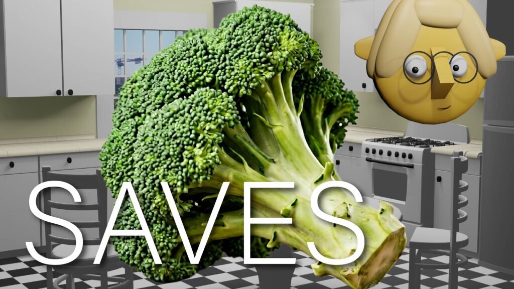 A head of broccoli and the word SAVES superimposed over the TumbleBump kitchen