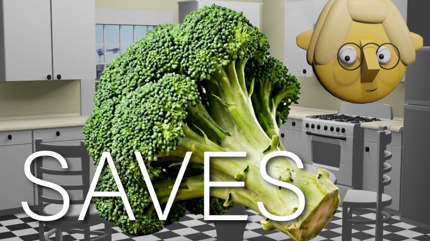A head of broccoli and the word SAVES superimposed over the TumbleBump kitchen