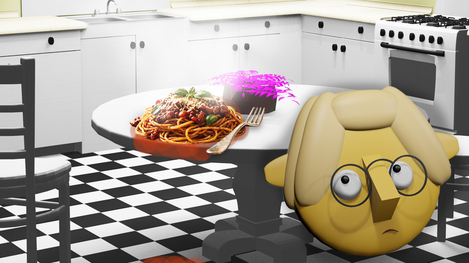 A 3D render of a mass of spaghetti poured directly onto the table in the TumbleBump kitchen while Tumby looks on in dismay, by John D Reinhart