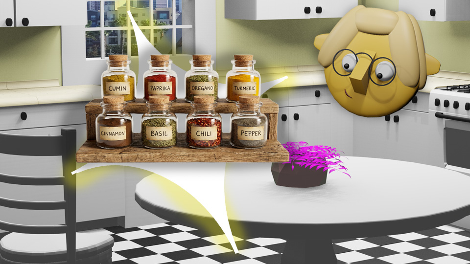 A 3D render of a spice rack superimposed over a star in the TumbleBump kitchen while Tumby looks on, by John D Reinhart