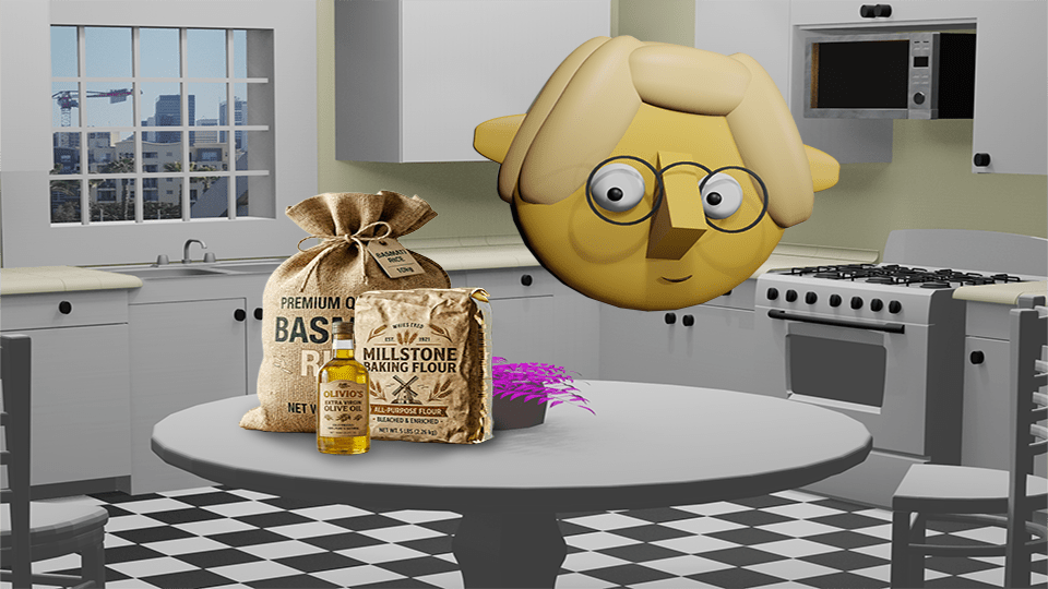 A Blender 3D render of a pound of flour, a sack of rice, and a bottle of olive oil on the TumbleBump kitchen table while Tumby looks on, by John D Reinhart