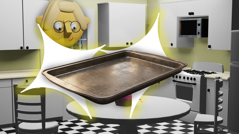 A 3d render of a heavy-bottom sheet pan superimposed over a retro star in the TumbleBump kitchen while Tumby looks on, by John D Reinhart