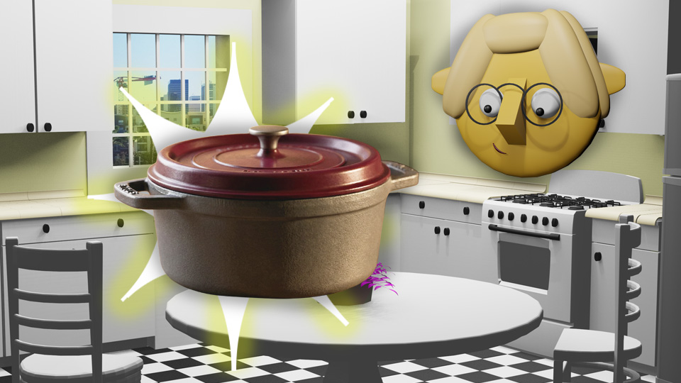A 3D render of a Dutch oven superimposed over a star in the TumbleBump kitchen while Tumby looks on, by John D Reinhart