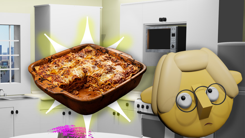 A 3D render of a lasagna leftover superimposed over a star in the TumbleBump kitchen while Tumby looks on in dismay, by John D Reinhart