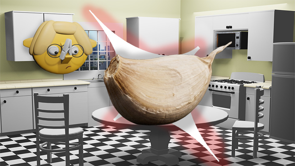 A 3D render of a garlic clove superimposed over a star in the TumbleBump kitchen while a clothes-pinned-nose Tumby looks on, by John D Reinhart