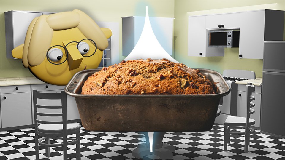 A 3D render of a loaf of banana bread superimposed over a star in the TumbleBump kitchen while Tumby looks on, by John D Reinhart
