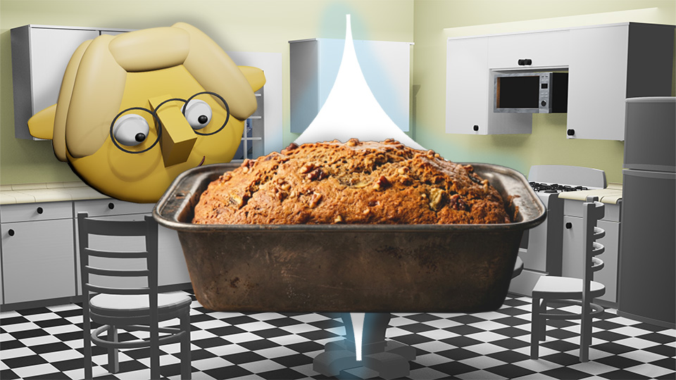 A 3D render of a loaf of banana bread superimposed over a star in the TumbleBump kitchen while Tumby looks on, by John D Reinhart