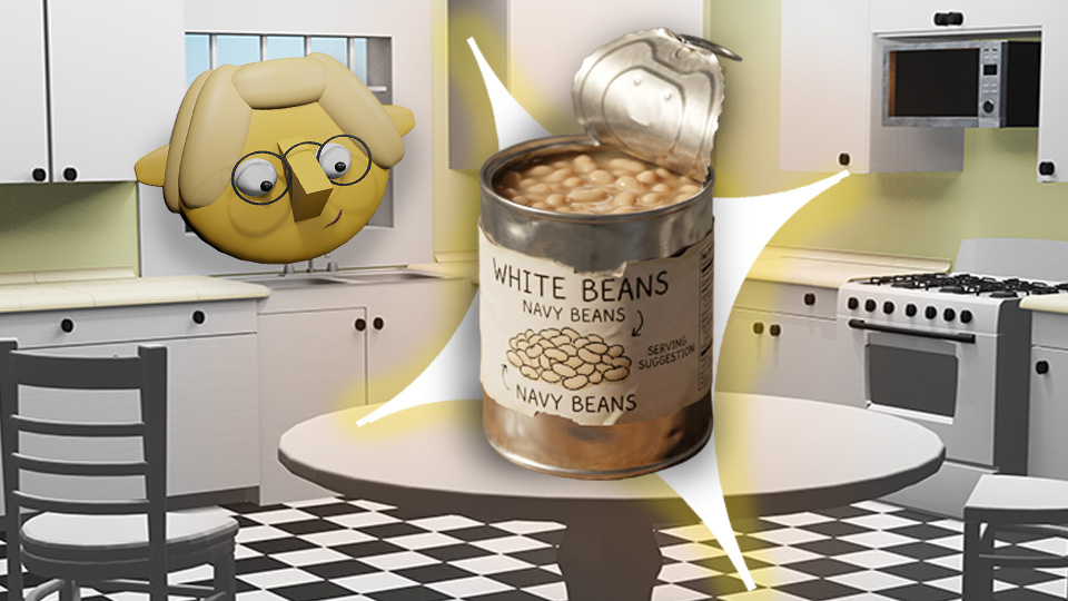 A 3D render of a can of white beans superimposed over a star in the TumbleBump kitchen while Tumby looks on, by John D Reinhart