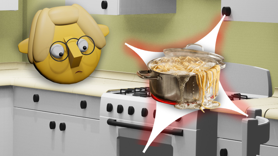 A 3D render of a boiling-over spaghetti pot superimposed over a star in the TumbleBump kitchen while Tumby looks on, by John D Reinhart