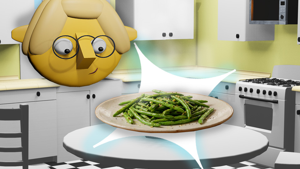 A 3D render of a plate of green beans superimposed over a star in the TumbleBump kitchen while Tumby looks on, by John D Reinhart
