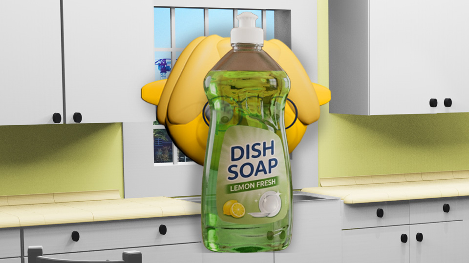 A 3D render of Tumby peering through a plastic bottle of green dish soap in the TumbleBump kitchen, by John D Reinhart