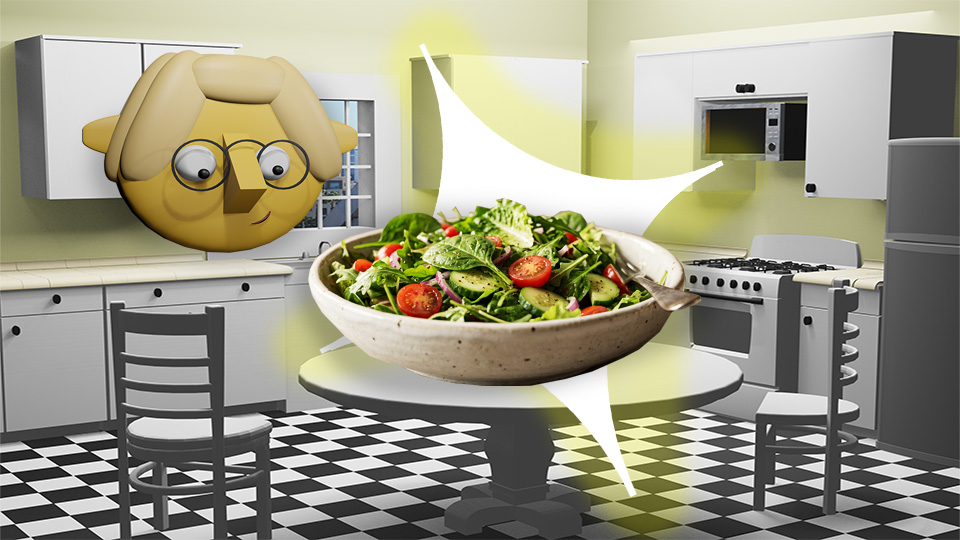A 3D render of a green dinner salad superimposed over a star in the TumbleBump kitchen while Tumby looks on, by John D Reinhart