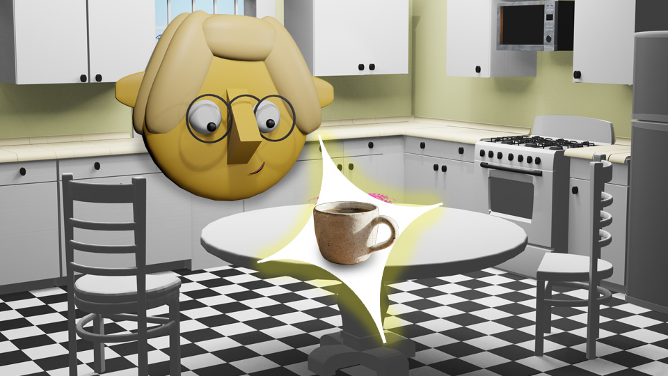 A 3D render of a cup of coffee superimposed over a star in the TumbleBump kitchen while Tumby looks on, by John D Reinhart